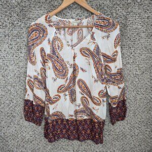 Lucky Brand Top Womens Small Off White Paisley Print Boho Blouse Casual‎ Sheer